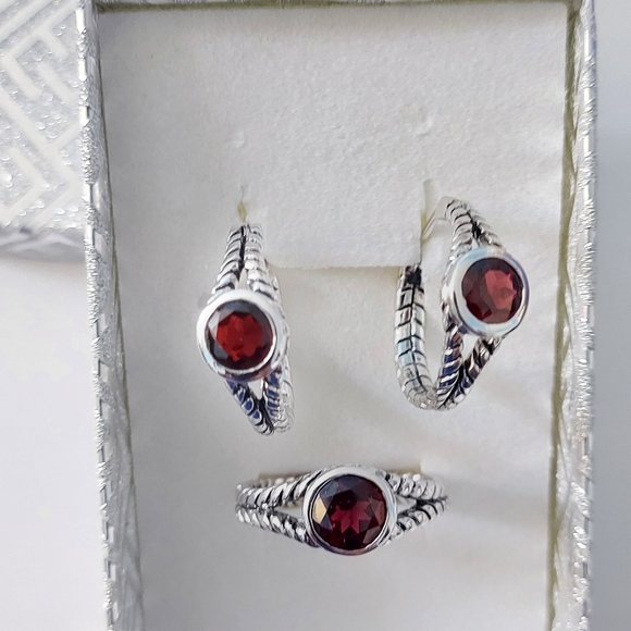Garnet Oxidized Hoop Earrings & Ring Set, 925S.S - Picture 2 of 13